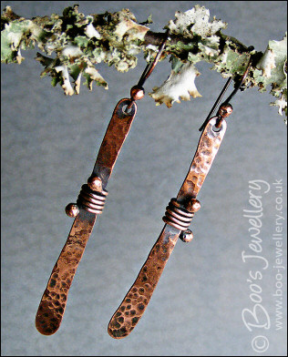 Hammered copper paddle earrings wrapped with ball ended wire - made to order