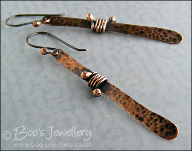 Hammered copper paddle earrings wrapped with ball ended wire - made to order