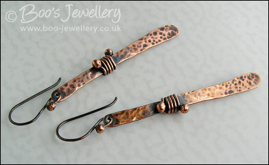 Hammered copper paddle earrings wrapped with ball ended wire - made to order