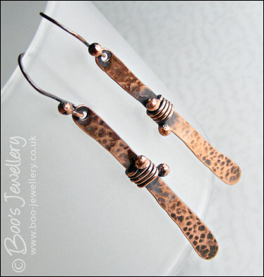 Hammered copper paddle earrings wrapped with ball ended wire - made to order