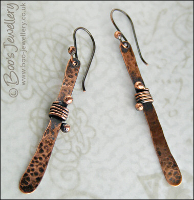 Hammered copper paddle earrings wrapped with ball ended wire - made to order