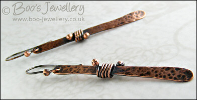 Hammered copper paddle earrings wrapped with ball ended wire - made to order