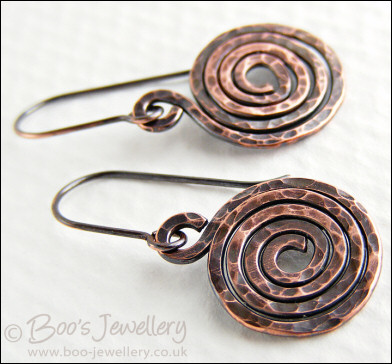 Hammered texture shiny copper spiral earrings