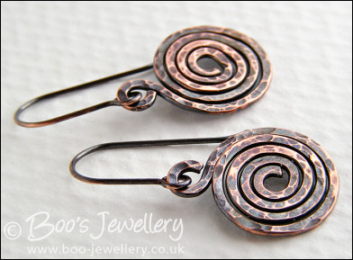 Hammered and oxidised copper spiral earrings