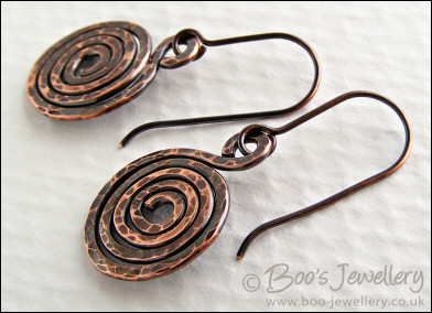 Hammered and oxidised copper spiral earrings