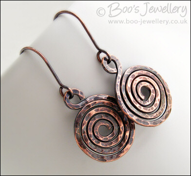 Hammered and oxidised copper spiral earrings
