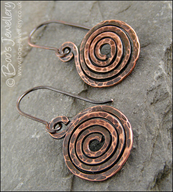 Hammered and oxidised copper spiral earrings