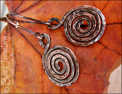 Hammered and oxidised copper spiral earrings