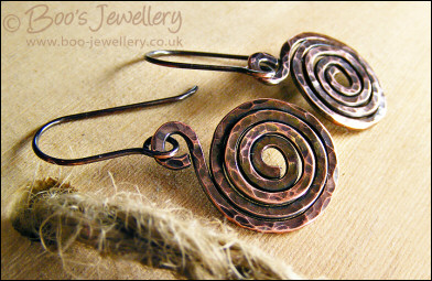 Hammered and oxidised copper spiral earrings