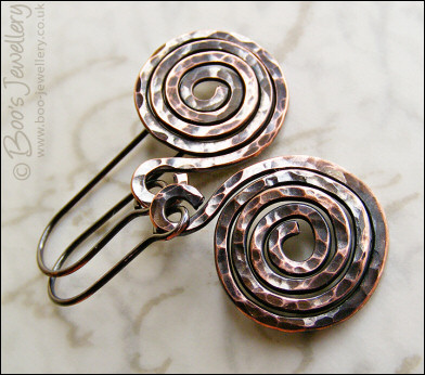 Hammered and oxidised copper spiral earrings
