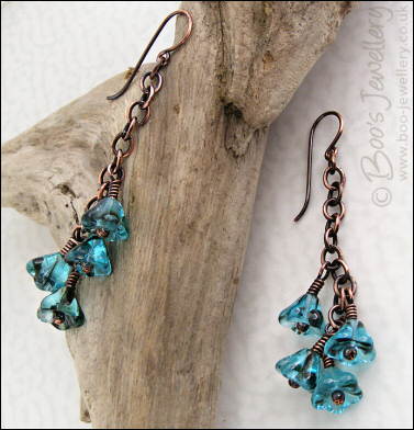 Teal glass flower and oxidised copper chain earrings