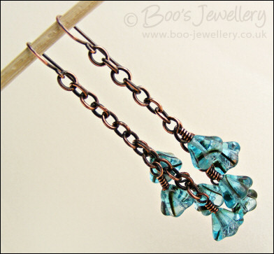 Teal glass flower and oxidised copper chain earrings