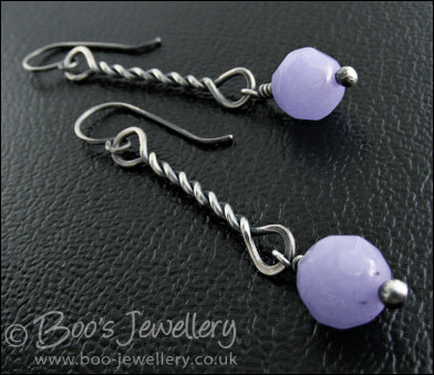 Antiqued Sterling silver twist earrings with lavender coloured jade drops