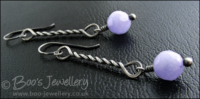 Antiqued Sterling silver twist earrings with lavender coloured jade drops