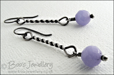 Antiqued Sterling silver twist earrings with lavender coloured jade drops