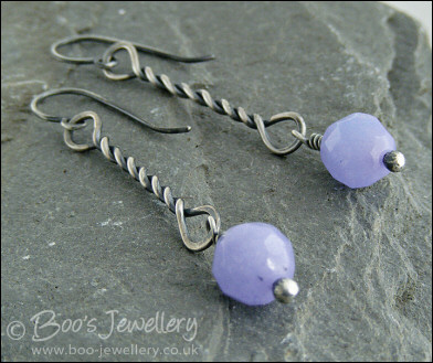 Antiqued Sterling silver twist earrings with lavender coloured jade drops