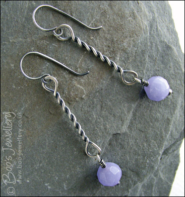Antiqued Sterling silver twist earrings with lavender coloured jade drops