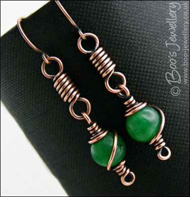 Antiqued copper coiled link earrings - available in green Jade or Onyx - made to order