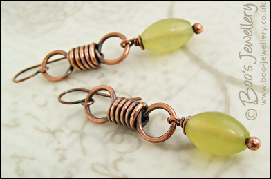 Antiqued copper coiled link earrings with serpentine jade