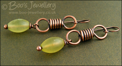 Antiqued copper coiled link earrings with serpentine jade