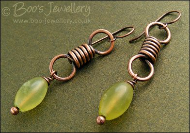Antiqued copper coiled link earrings with serpentine jade