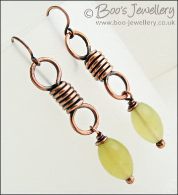 Antiqued copper coiled link earrings with serpentine jade