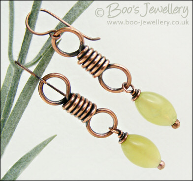 Antiqued copper coiled link earrings with serpentine jade