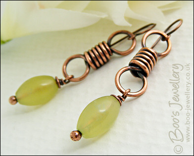 Antiqued copper coiled link earrings with serpentine jade