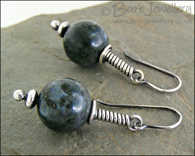 Long wrap Sterling silver earrings with blue pearl Larvikite