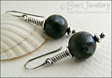 Long wrap Sterling silver earrings with blue pearl Larvikite