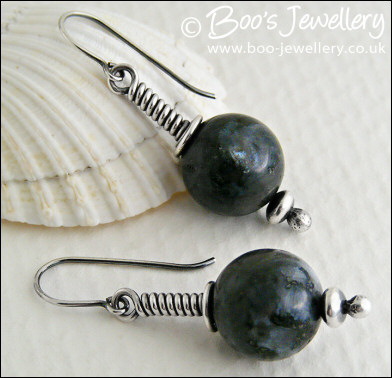 Long wrap Sterling silver earrings with blue pearl Larvikite