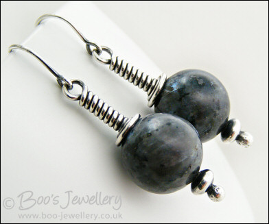 Long wrap Sterling silver earrings with blue pearl Larvikite