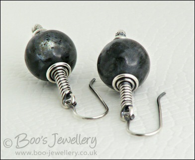 Long wrap Sterling silver earrings with blue pearl Larvikite
