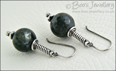 Long wrap Sterling silver earrings with blue pearl Larvikite