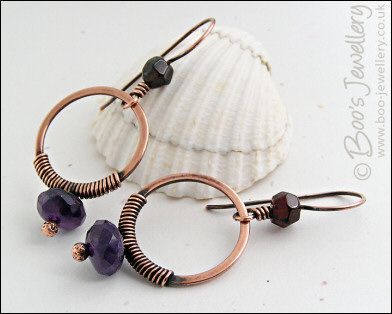 Copper, amethyst and garnet wire wrapped earrings