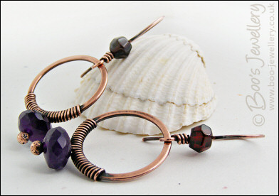 Copper, amethyst and garnet wire wrapped earrings