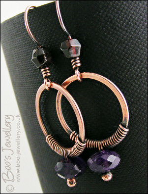 Copper, amethyst and garnet wire wrapped earrings