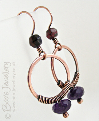 Copper, amethyst and garnet wire wrapped earrings