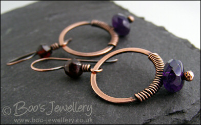 Copper, amethyst and garnet wire wrapped earrings