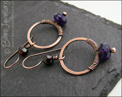 Copper, amethyst and garnet wire wrapped earrings