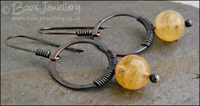 Gunmetal copper hoop earrings wire wrapped with citrine