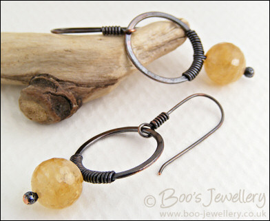 Gunmetal copper hoop earrings wire wrapped with citrine