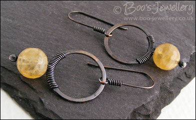 Gunmetal copper hoop earrings wire wrapped with citrine