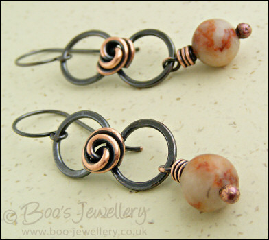 Oxidised figure of 8 copper earrings with rosebud knot
