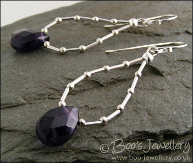 Amethyst teardrop loop earrings in liquid silver