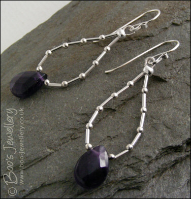 Amethyst teardrop loop earrings in liquid silver