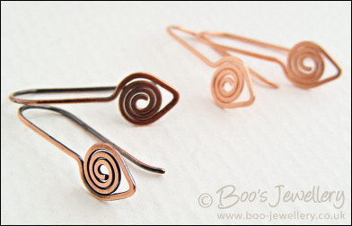 Polished and hammered copper spiral leaf earrings