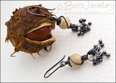 Oxidised earrings with river stones and copper raindrops