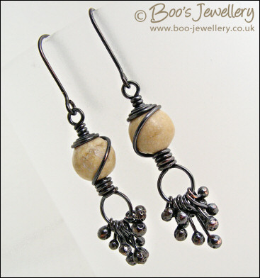 Oxidised earrings with river stones and copper raindrops