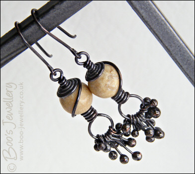Oxidised earrings with river stones and copper raindrops